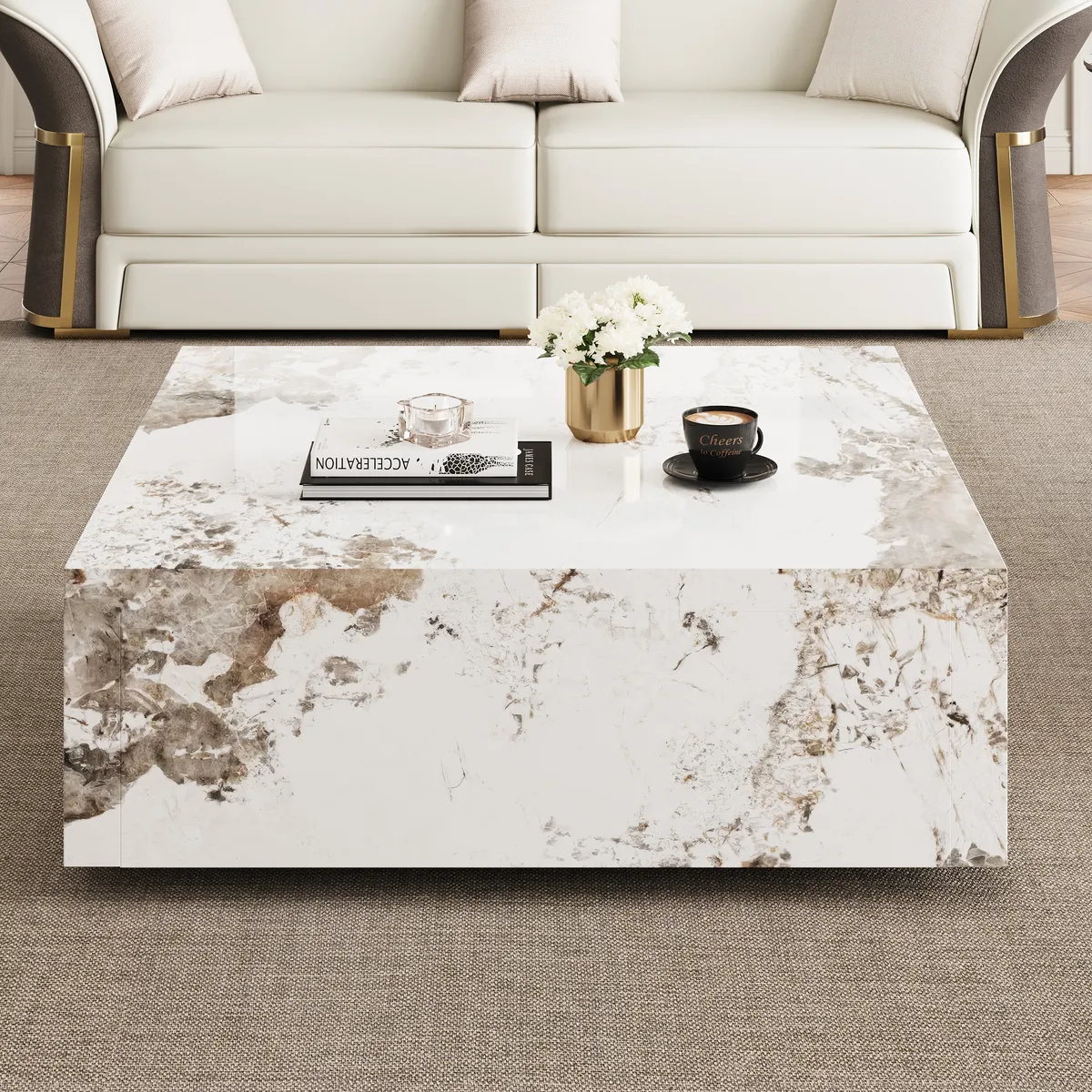 39" Square Sintered Stone Block Coffee Table With Storage Modern Off White Living Room Table — image 2