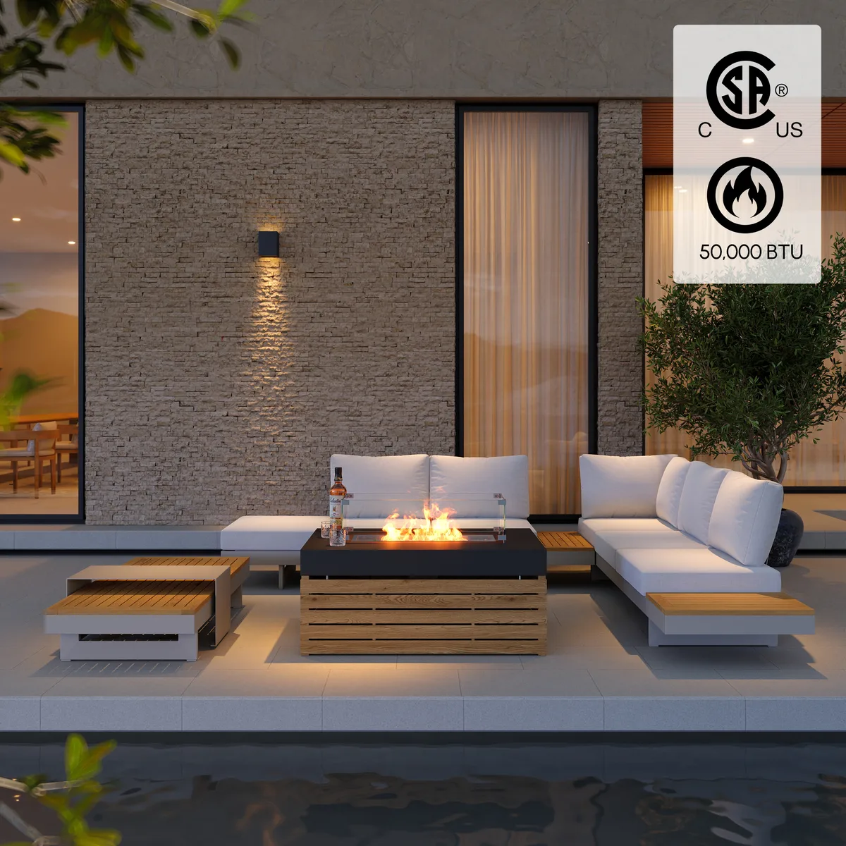 Tevara 47" 5-Pieces Modular Teak Outdoor Sofa Set with Smokeless Fire Pit for 6 Person — image 2