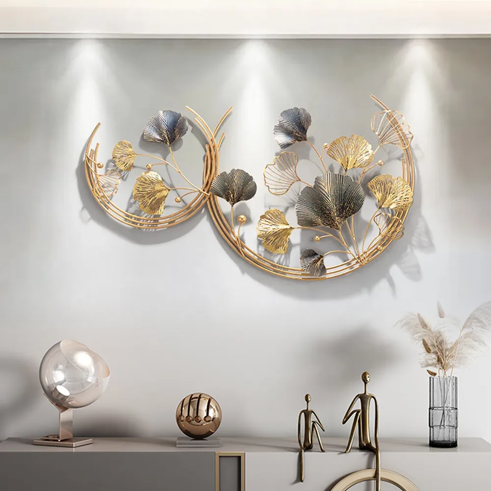 Modern 3D Hollow-out Ginkgo Leaves Wall Decor Home Metal Round Wall Art in Gold &
