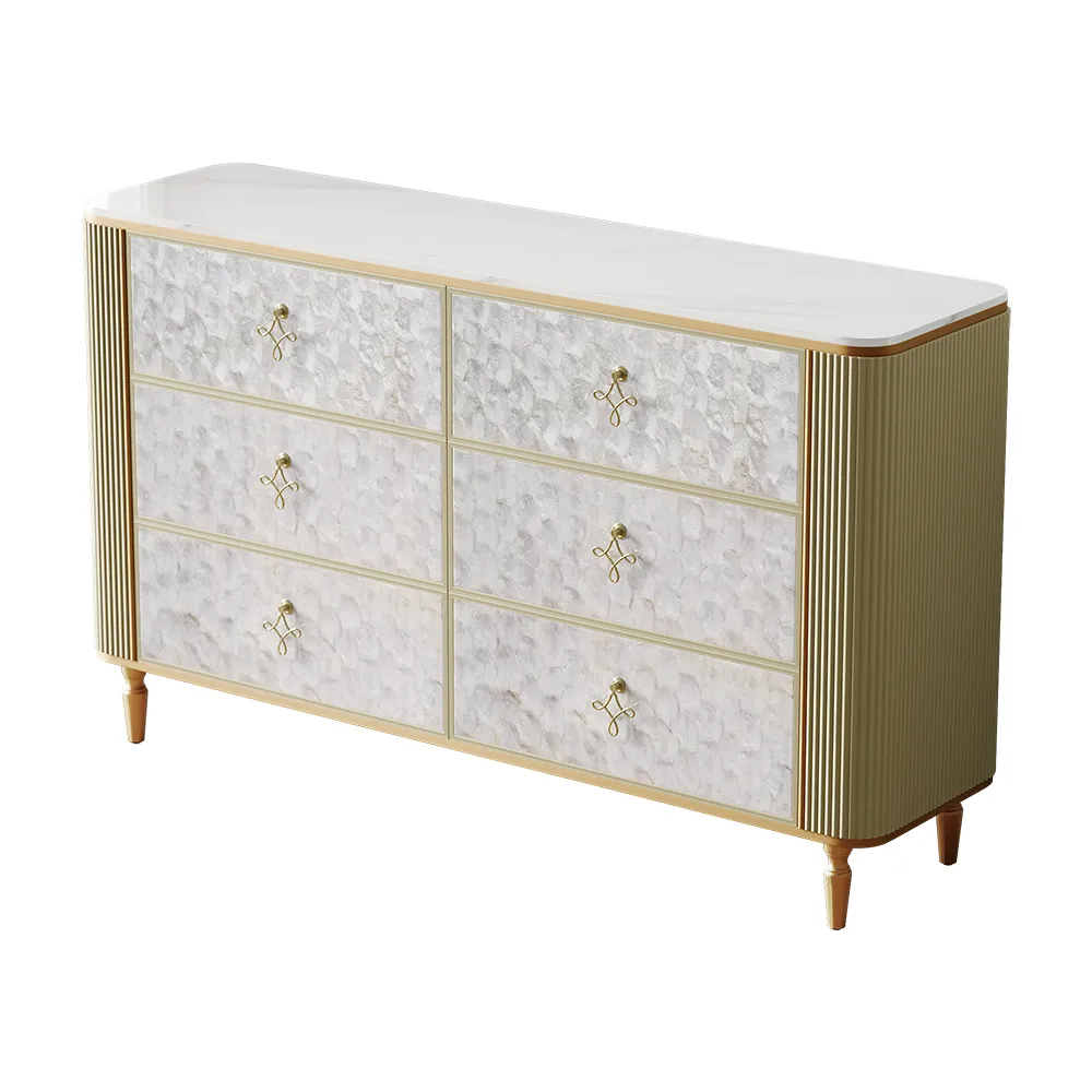 Art Deco 6 Drawer Dresser Capiz Shell Beige Chest Storag Cabinet with Sintered Stone Top — image 6