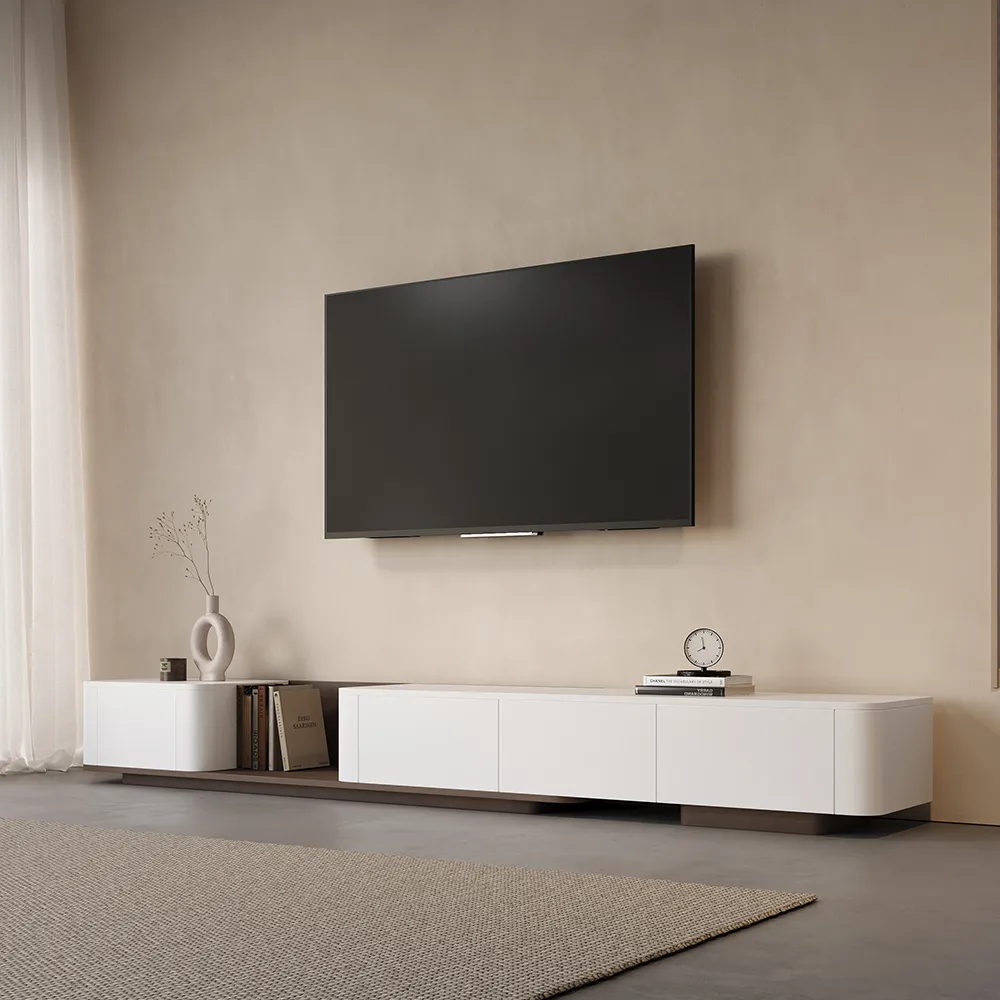 107.8" Off White Modern Wood Extendable TV Stand with 4 Drawer Retracted Cream Media Console — image 11