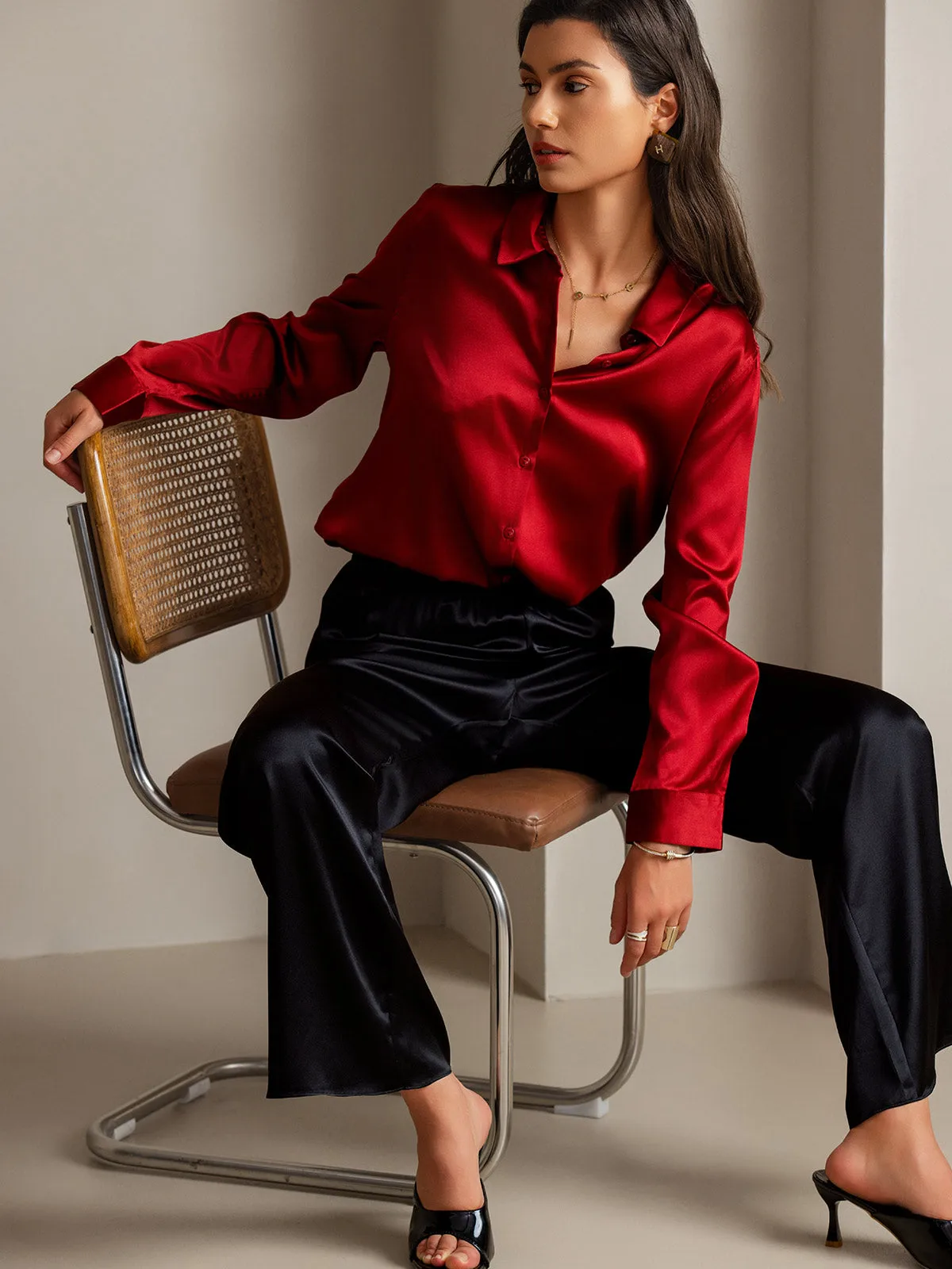 19Momme Silk Long Sleeve Lapel Collar Women's Shirt with Button Up Design — image 7