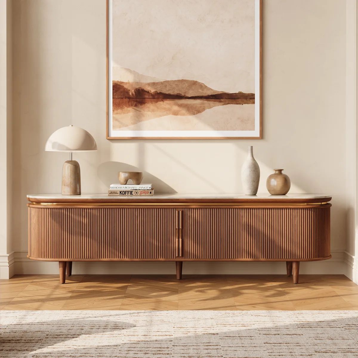 79" Ash Wood Walnut Fluted TV Stand with Sintered Stone Top — image 2