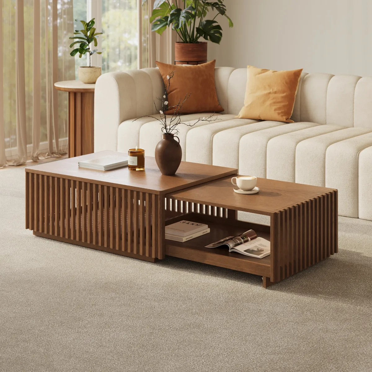 Homary Modern 33"-55" Mid-Century Extendable Walnut Coffee Table with Storage