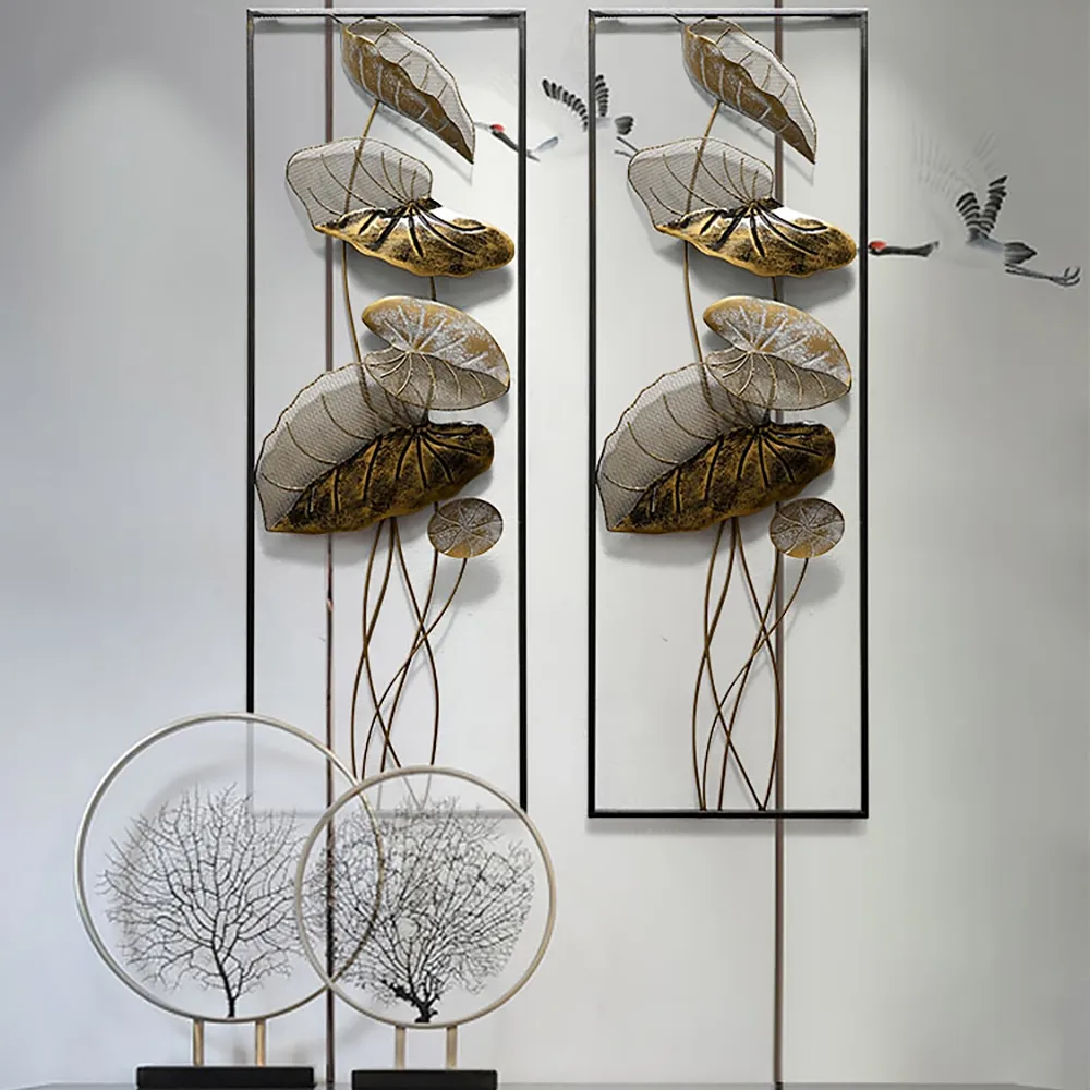 35.8" 2 Pieces Metal Lotus Leaves Wall Decor Set for Living Room with Black Frame — image 3