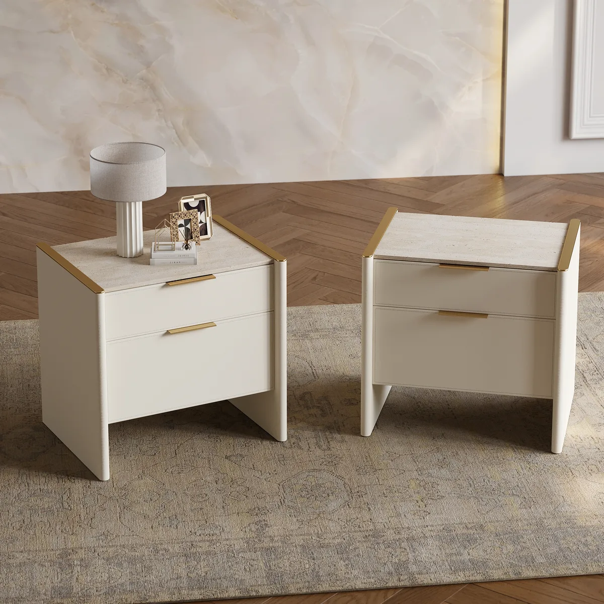 Modern Saddle Leather 2-Drawer Nightstand with Faux Travertine Stone Top — image 5