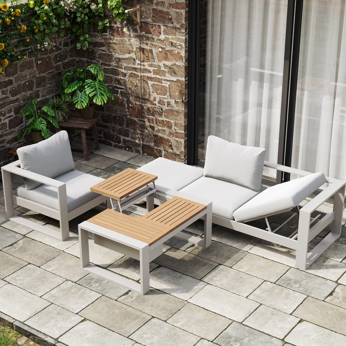 Slatera 4-Piece Modular Outdoor Sofa Set Aluminum & Acacia for 4 Person in Light