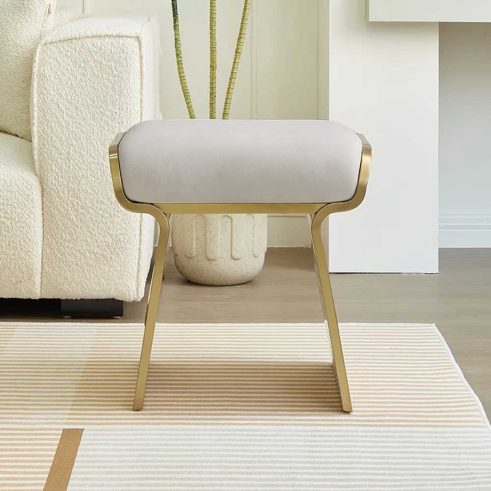 Modern Beige Backless Vanity Stool Leath-aire Upholstery & Gold Stainless Steel Frame — image 4