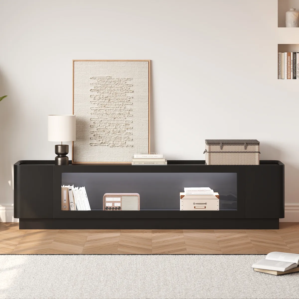79'' Glass Door TV Stand Mid Century Modern Wood Media Console with Storage & LED — image 10