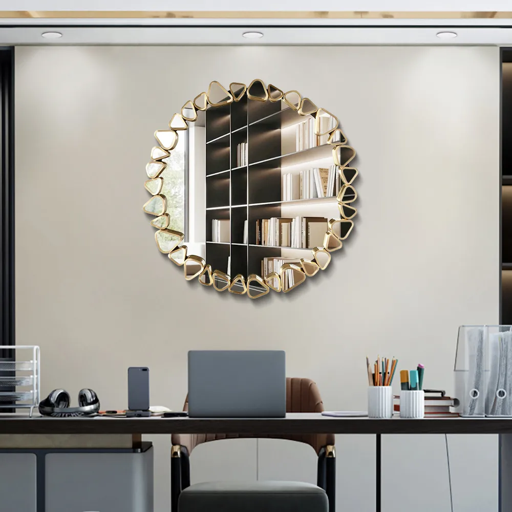 23.6" Modern Large Gold Round Pebble Wall Mirror Decor with Geometric Frame Living Room — image 7
