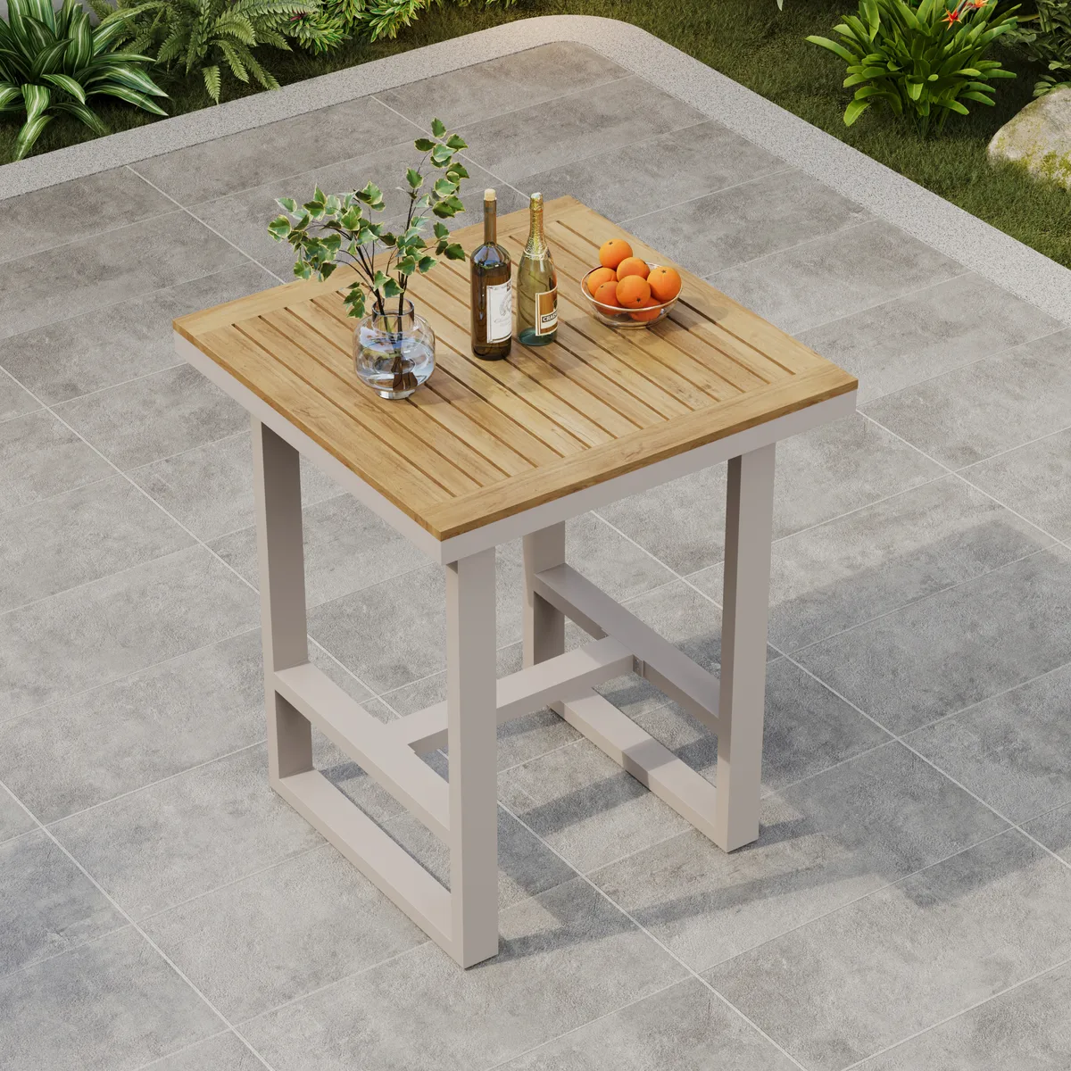 Tevara Outdoor Teak Wood Slat Top & Sand Aluminum Frame Bar Table for Patio — image 11