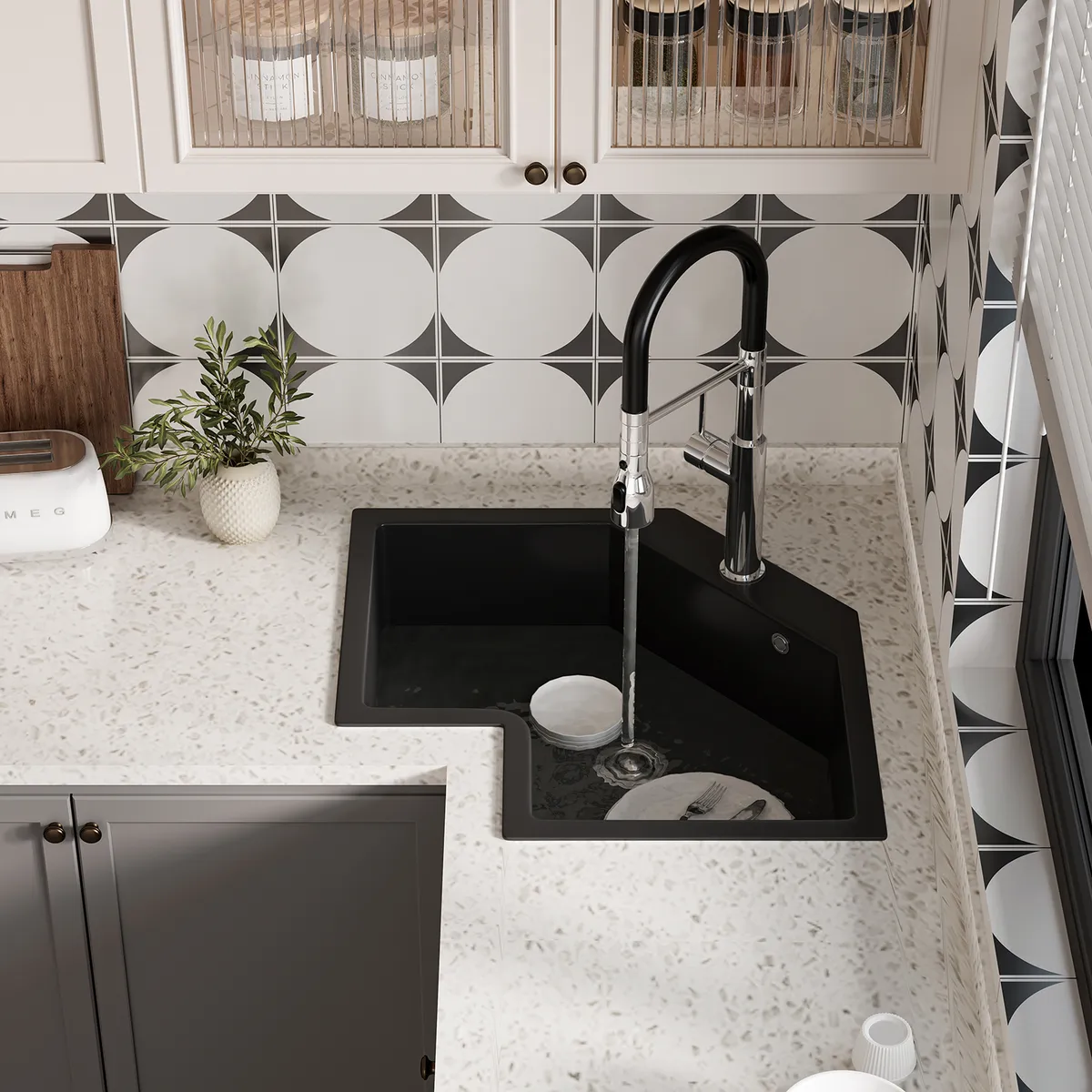Drop In Corner Irregular Kitchen Sink White 25" Quartz
