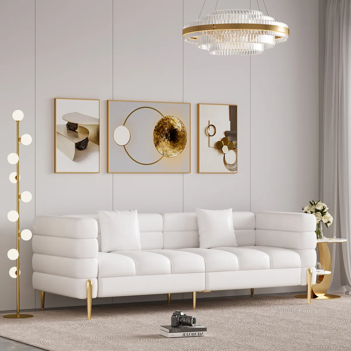 Round 2-Piece Nesting Set Sintered Stone Top Beige Coffee Table with Drawer 78.7" Modern White Boucle Upholstered Fluted 3-Seater Sofa — image 16