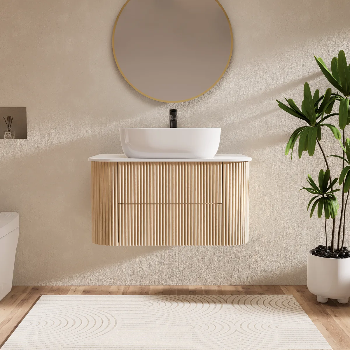 31.5" Floating Fluted Wall mounted Bathroom Vanity Set Cultured Marble Top with Vessel Single Sink & 2 Drawers