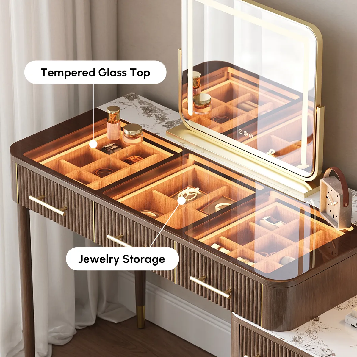 White Makeup Vanity Set with Lighted Mirror & Stool Mid Century Modern Dressing Table with Glass Top — image 6