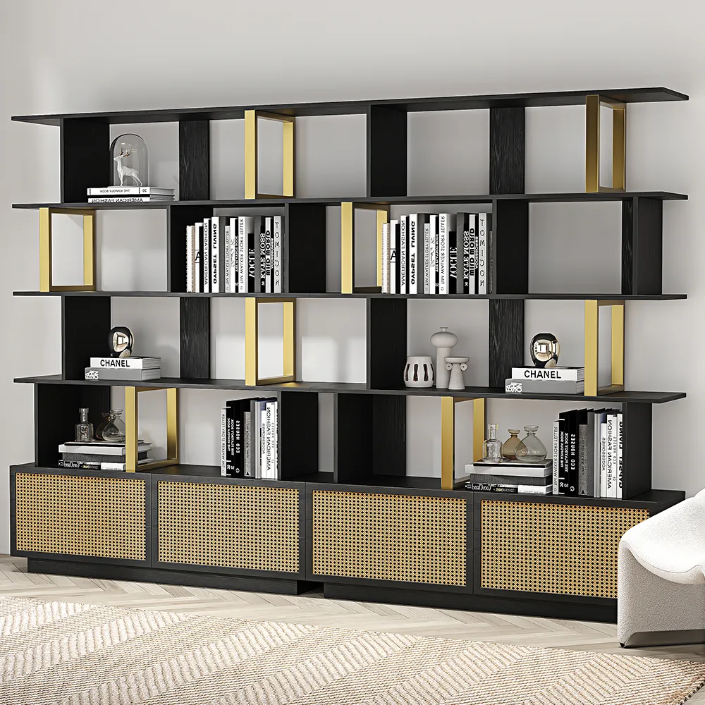 5-Tier Black Wood Bookshelf with 2 Doors Modern Bookcase in Gold Finish — image 6