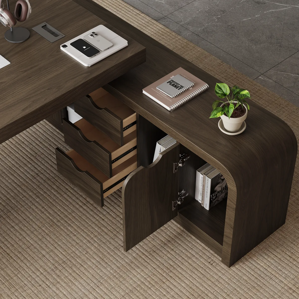 Chicent 71'' L-shaped Smoked Brown Computer Desk with Cabinet Left Hand — image 20