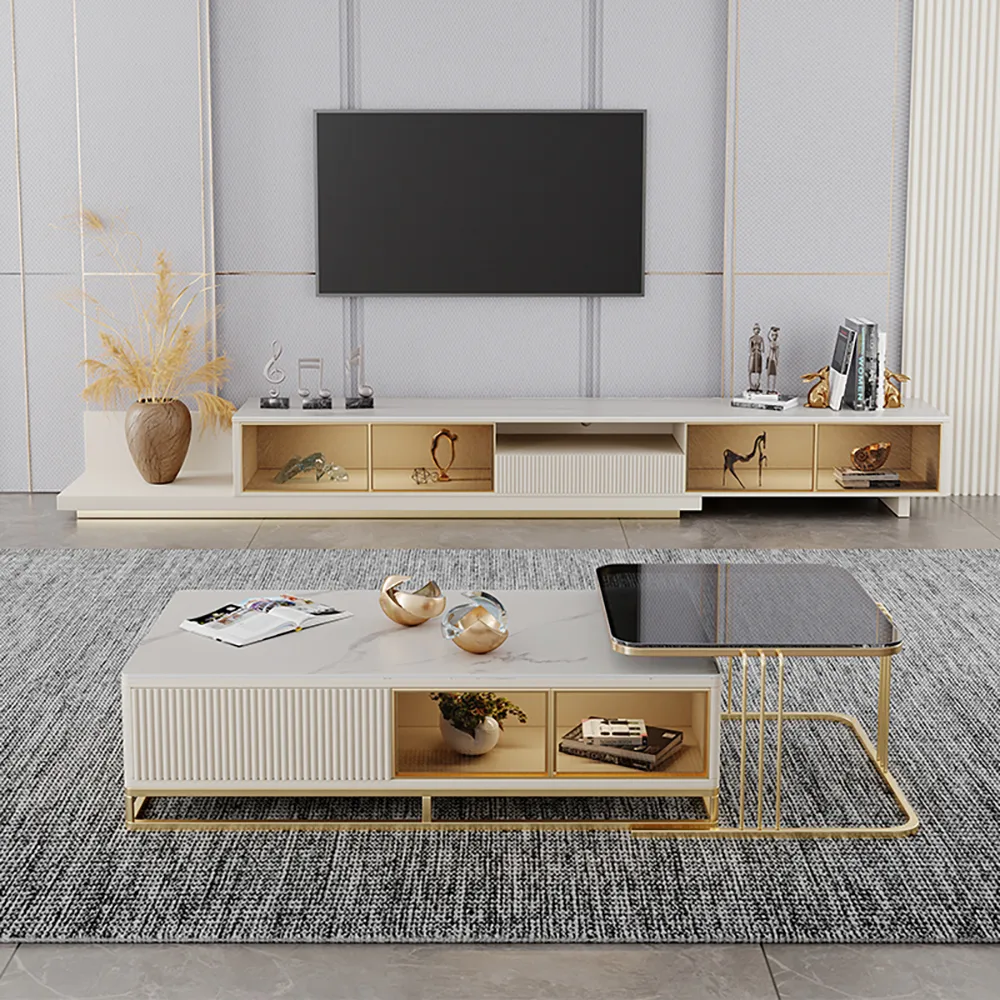 LED Light Extendable TV Stand Light Khaki Floor Media Console with Glass Door & Drawers — image 13