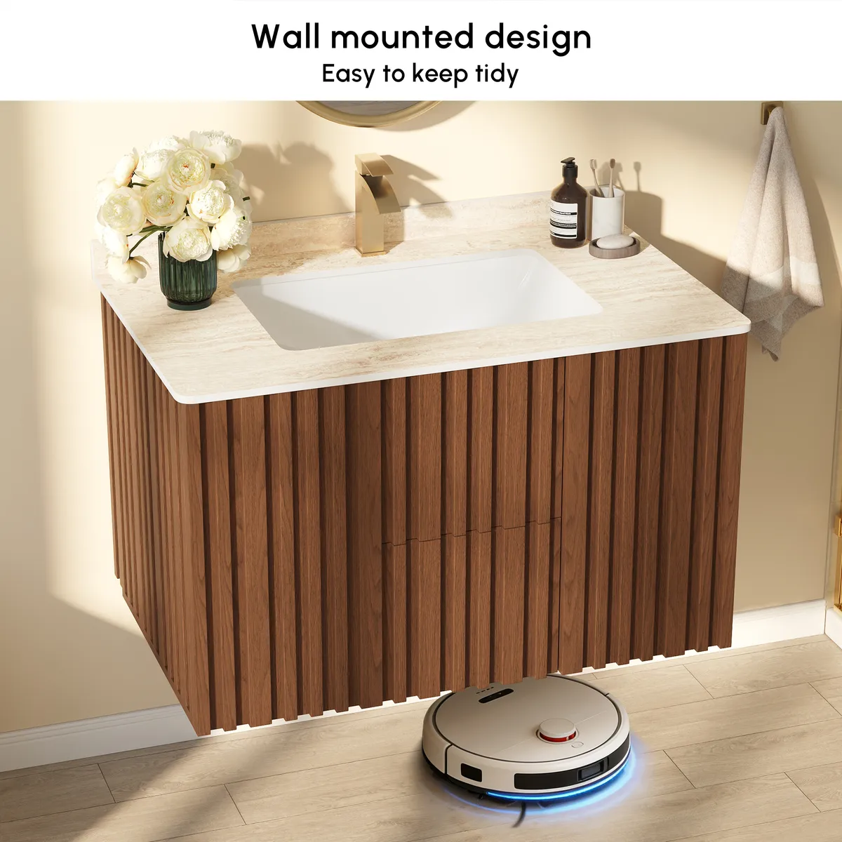 Aura 36" Bathroom Vanity with Light Ash Wood Slatted Panels Faux Travertine Top — image 9