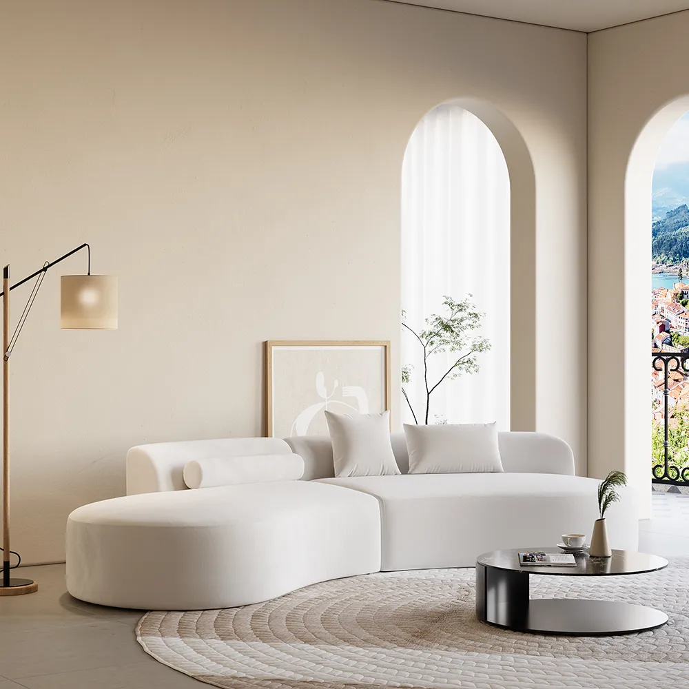 109" Modern White Curved Velvet Sectional Sofa 2 Piece 4-Seater Chaise with 3 Pillows — image 4