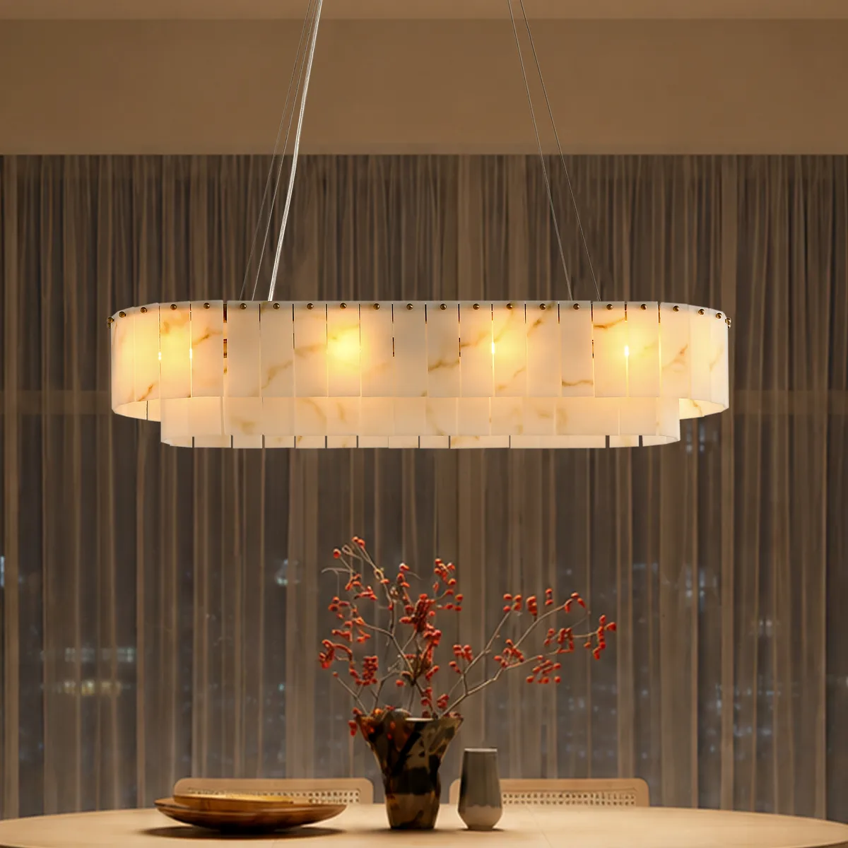 12-Light Linear Chandelier Alabaster-Look 2-Tier Dining Chandelier