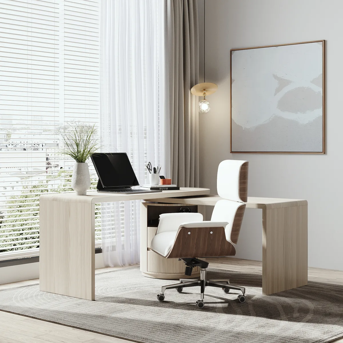 Modern Off White Home Office Chair Upholstered Swivel Task Office Chair High Back — image 19