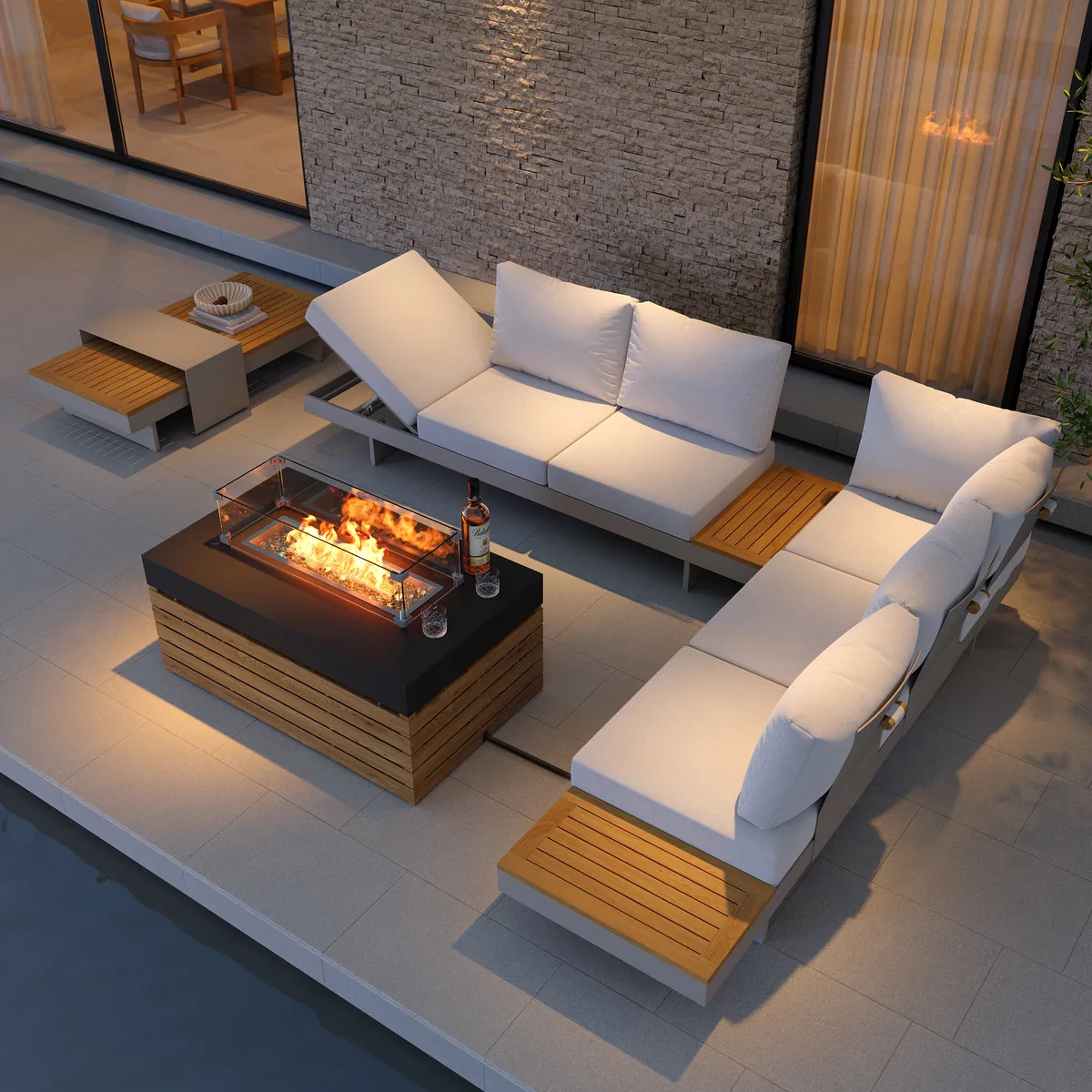 Tevara 47" 5-Pieces Modular Teak Outdoor Sofa Set with Smokeless Fire Pit for 6 Person