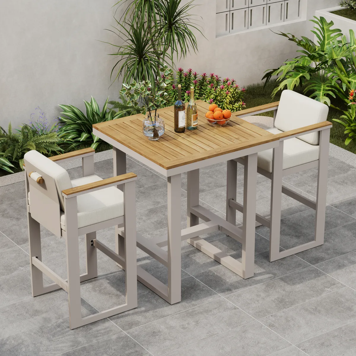 Tevara Outdoor Teak Wood Slat Top & Sand Aluminum Frame Bar Table for Patio — image 12