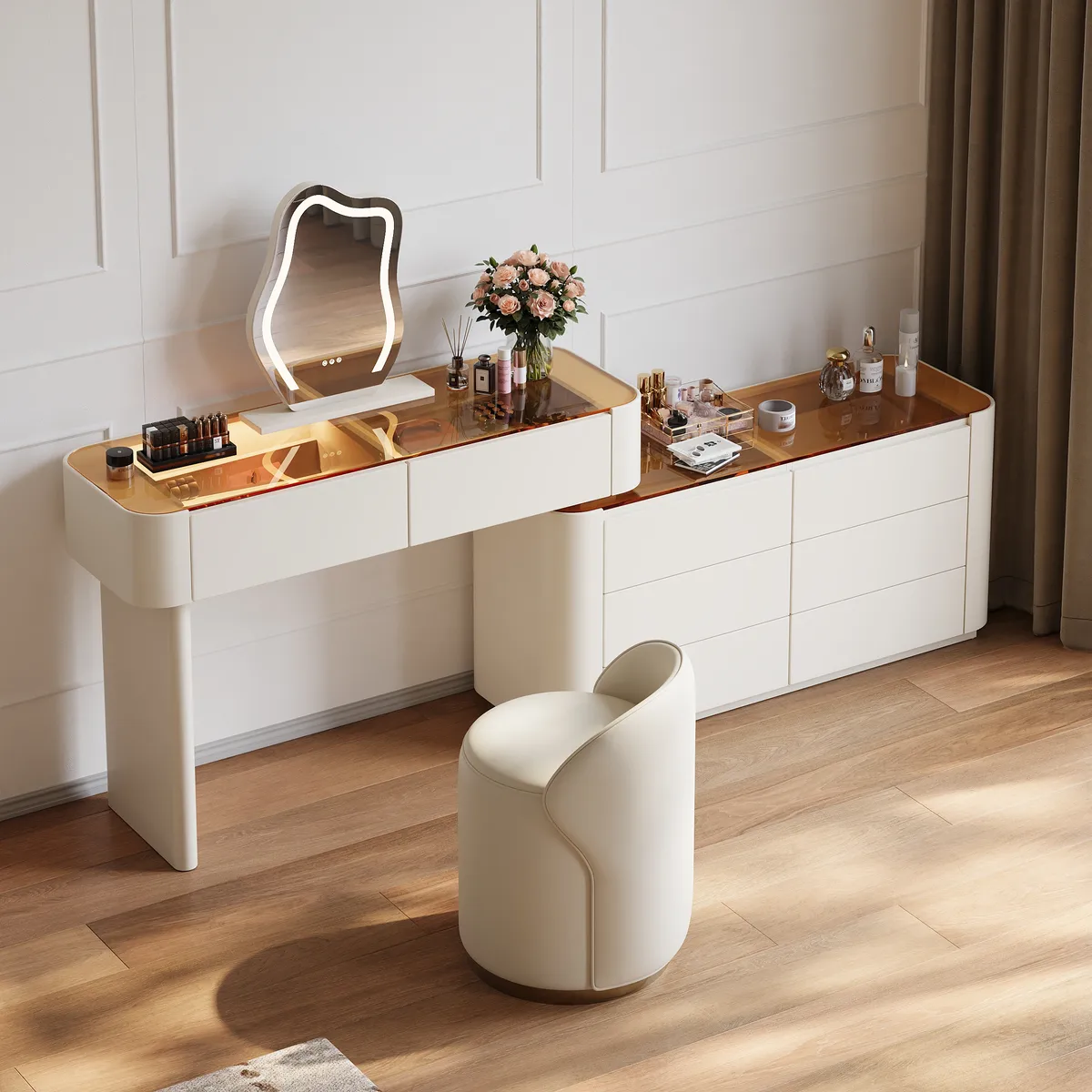 Modern Extendable Makeup Vanity Set Dresser Vanity with Mirror & Light (53"–87") — image 4