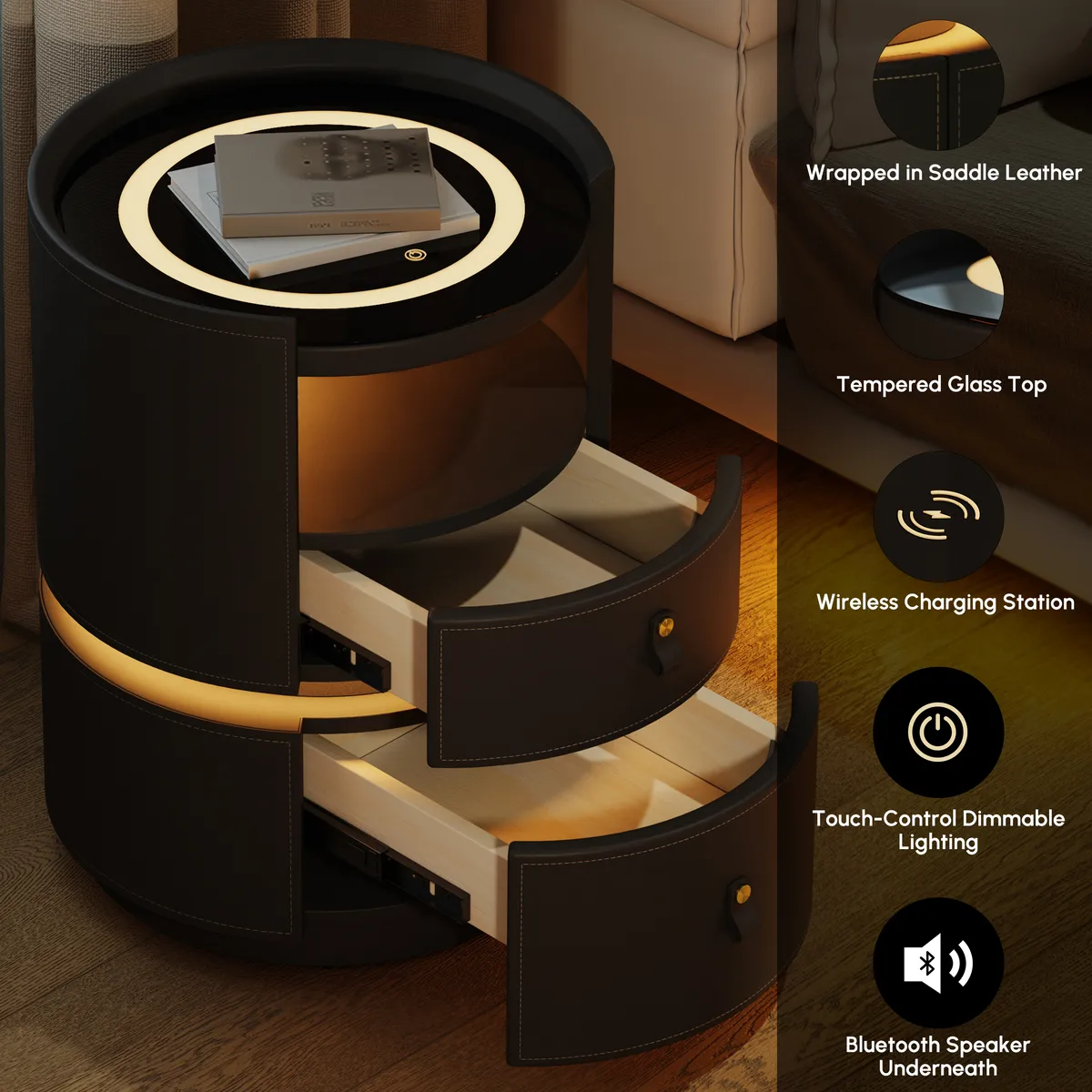 Modern Saddle Leather Smart LED Nightstand — image 10