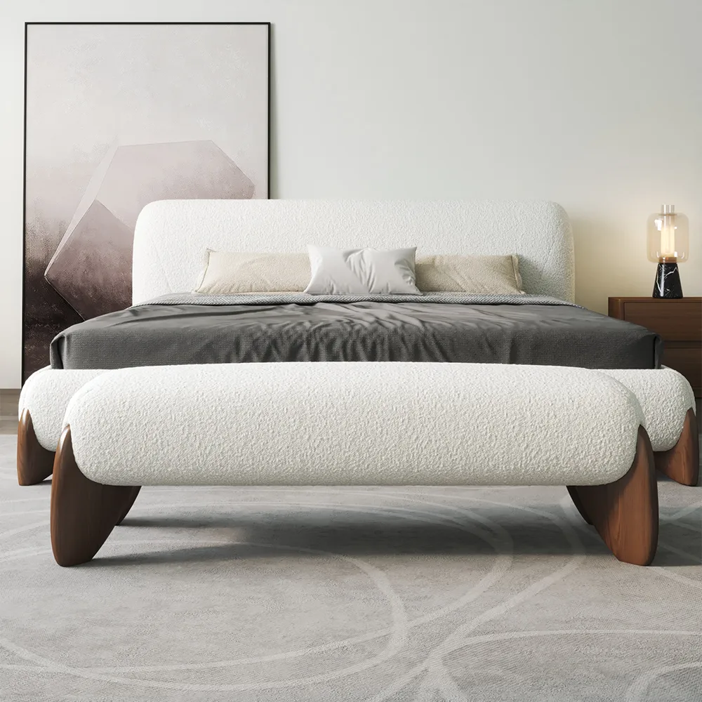 Modern White Boucle Bedroom Bench Upholstered Long Bench with Wood Legs — image 3