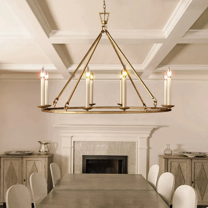 35" Rustic Gold Wagon Wheel Chandelier Antique Brass Round Metal Ceiling Light with Candle-Style Bulbs