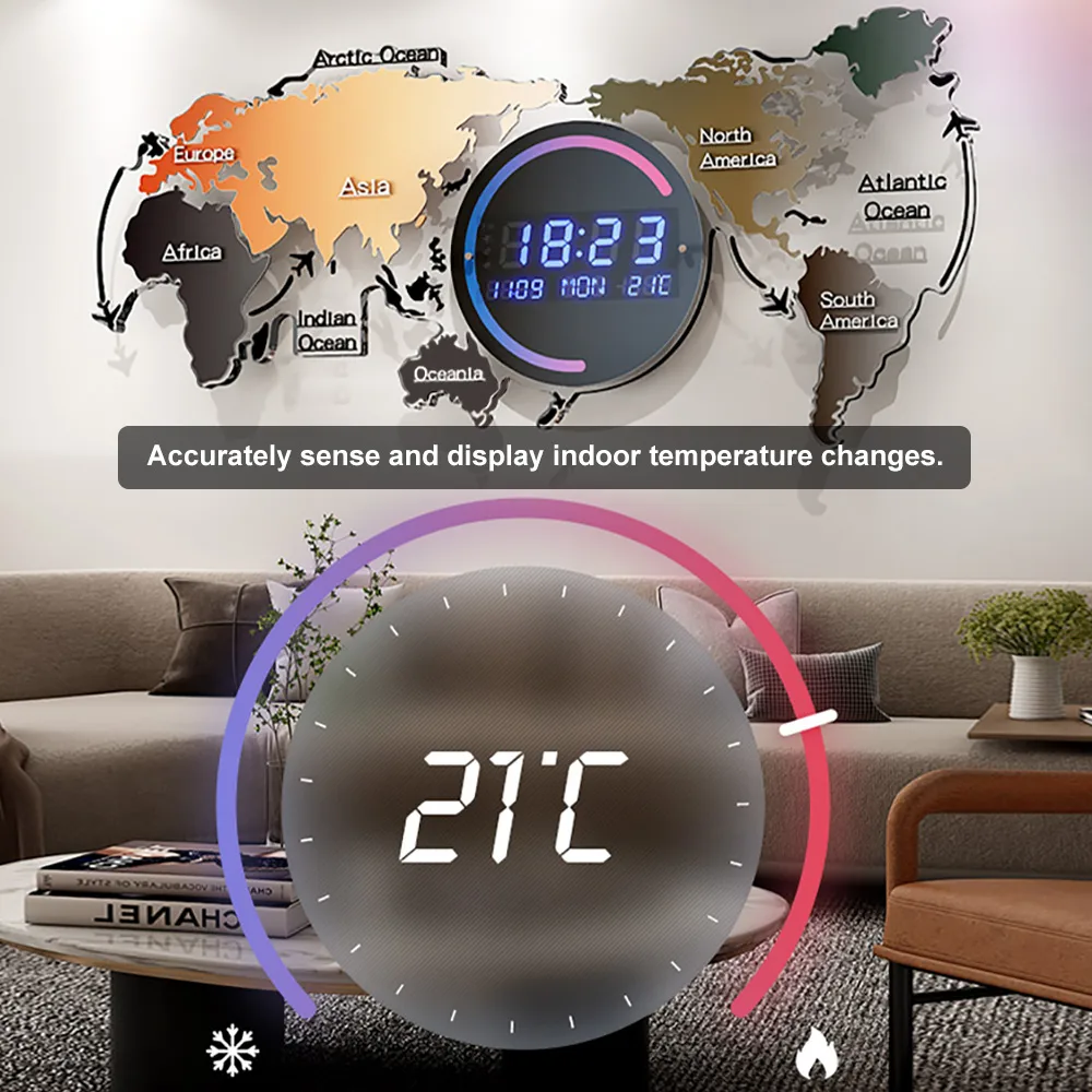 Modern Large Multifunctional World Map Wall Clock Decor With LED Digital Display Screen — image 7