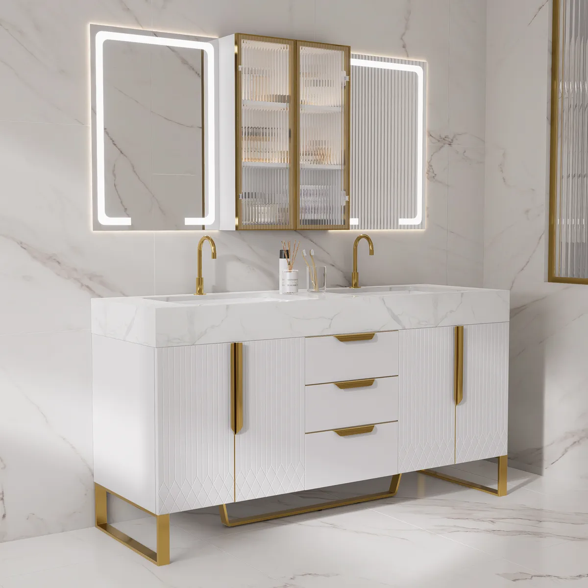 59" Double Sink Floating Vanity Set with LED Medicine Cabinet with Storage — image 13