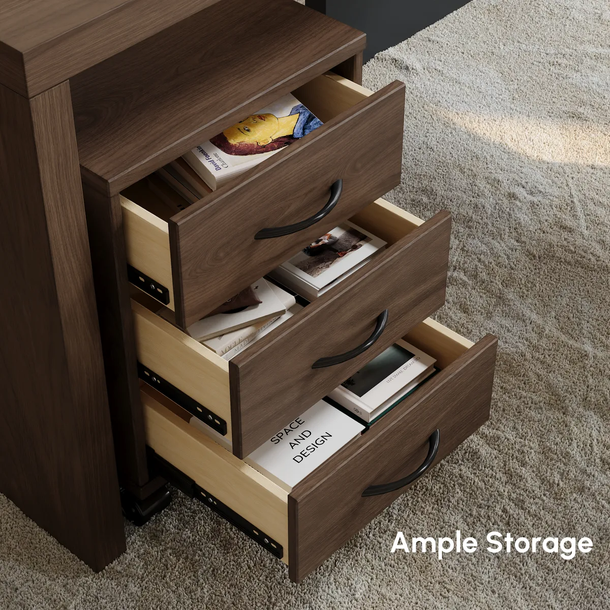 Modern L Shaped Executive Office Desk with with Movable File Cabinet Black & Walnut Swivel Desk Office Furniture (59.8" ) — image 9