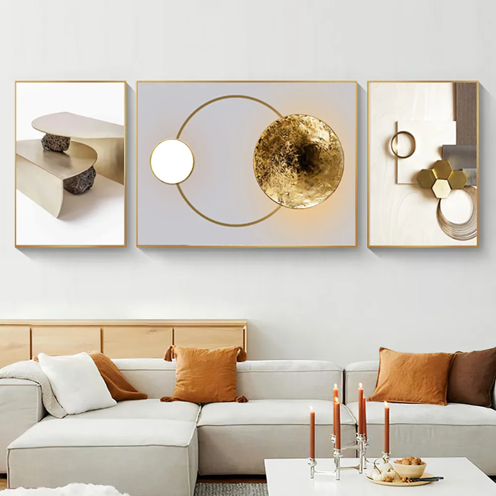 3 Piece White Gold Abstract Canvas Wall Art Set Modern Geometric Wall Decor Canvas Print 63" Wide for Living Room — image 3