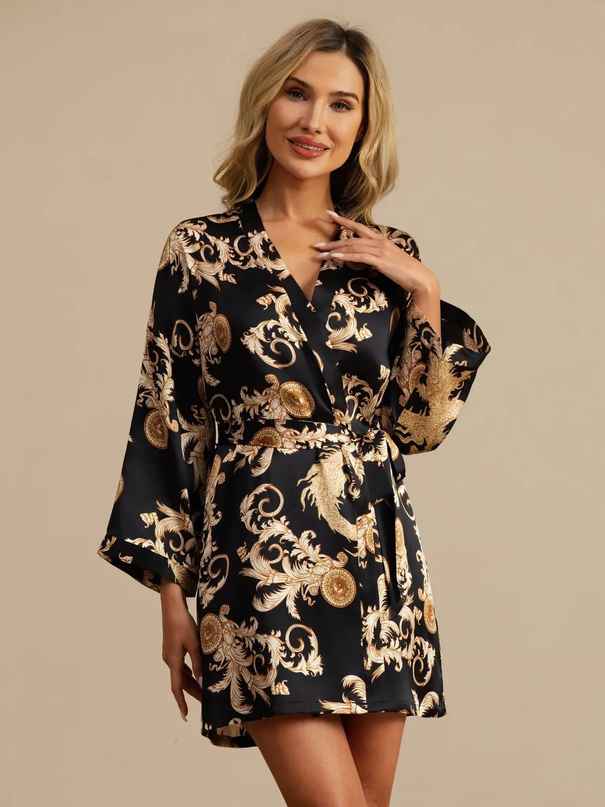 100% Mulberry Silk Dragon Print 3/4 Sleeve Women's Kimono Robe With Belt — image 4