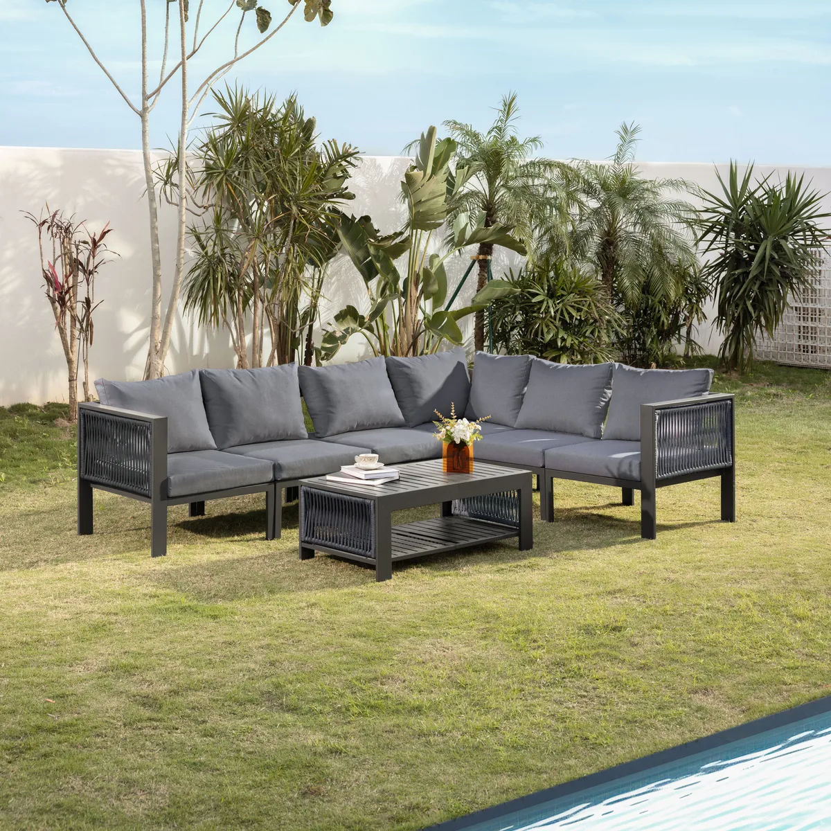 Fencura 7-Piece Outdoor Aluminum & Rope Weave Modular Sectional Set in Dark — image 5