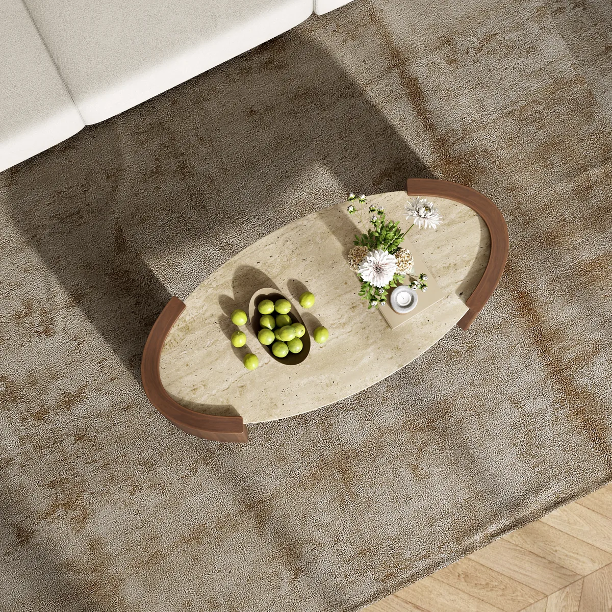 43" Japandi Oval Travertine Stone Top Coffee Table — image 22
