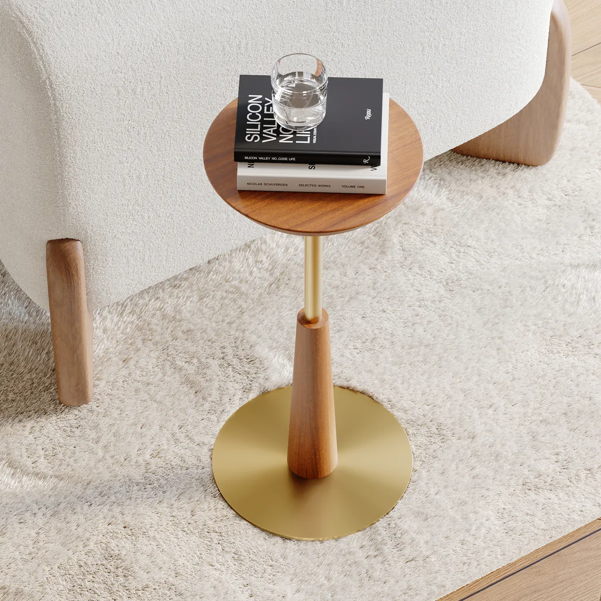 Round Mid-Century Modern Cocktail Table Walnut & Gold Side Table — image 3