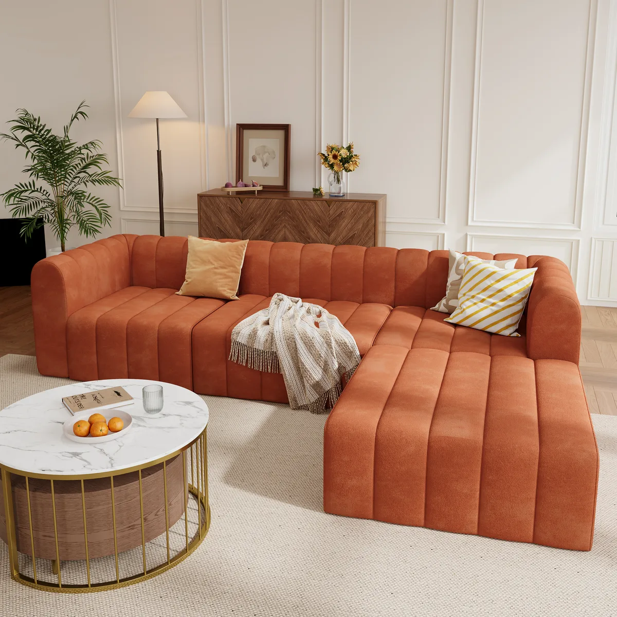 118.9" Velvet Convertible Modular Sectional Sofa Orange Upholstered 6-Seater Sofa Set — image 6