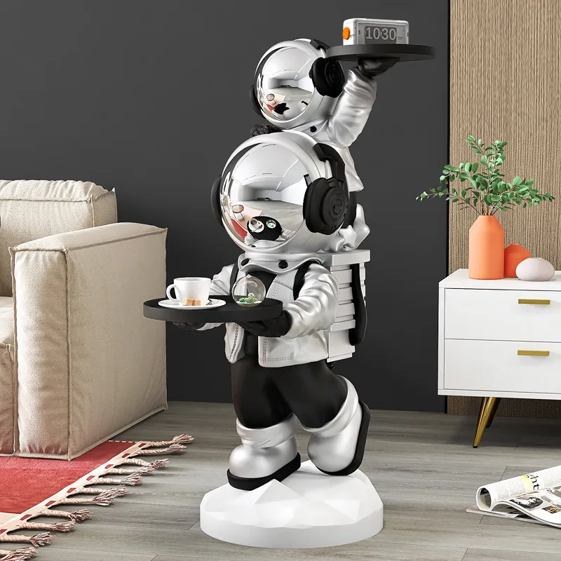 Silver Astronaut Side Table Floor Sculpture Modern End Table with Tray Top — image 8