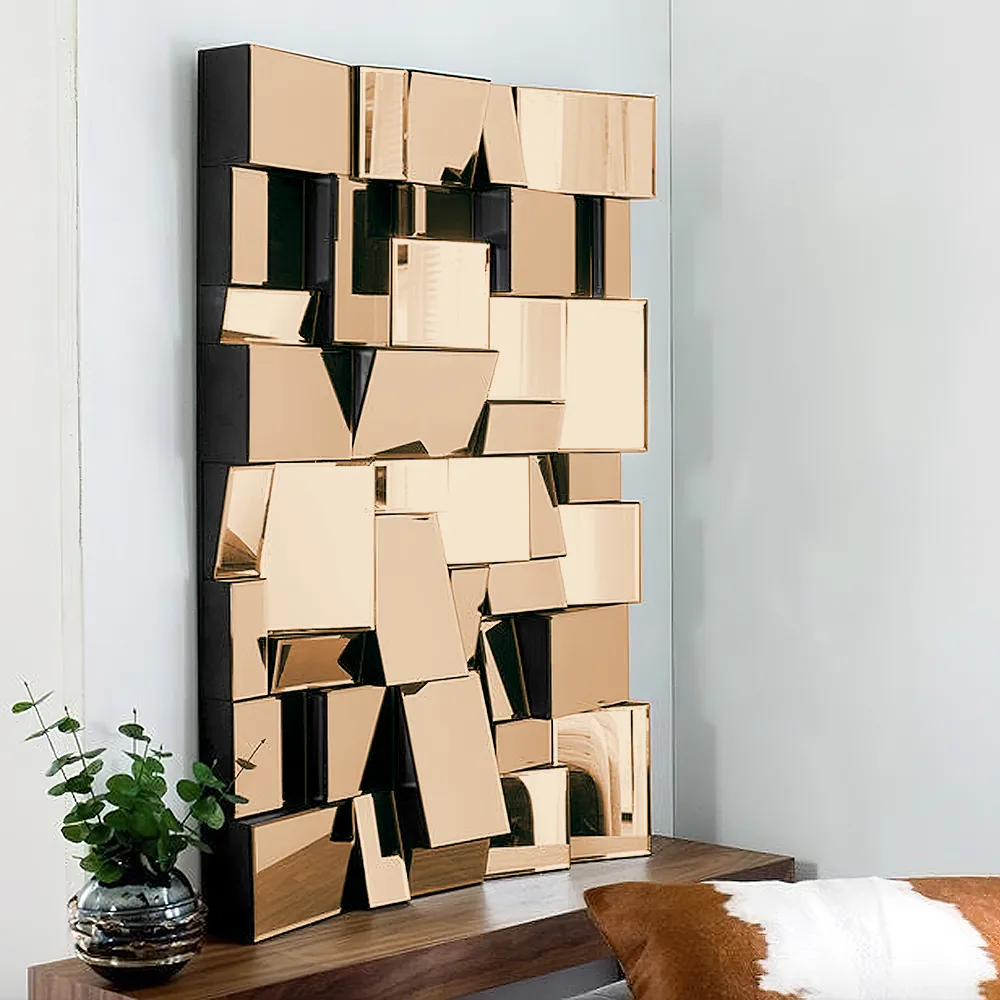 39" Brown Glass Wall Mirror Geometric Decorative Mirror Vertical & Horizontal Mounting — image 3