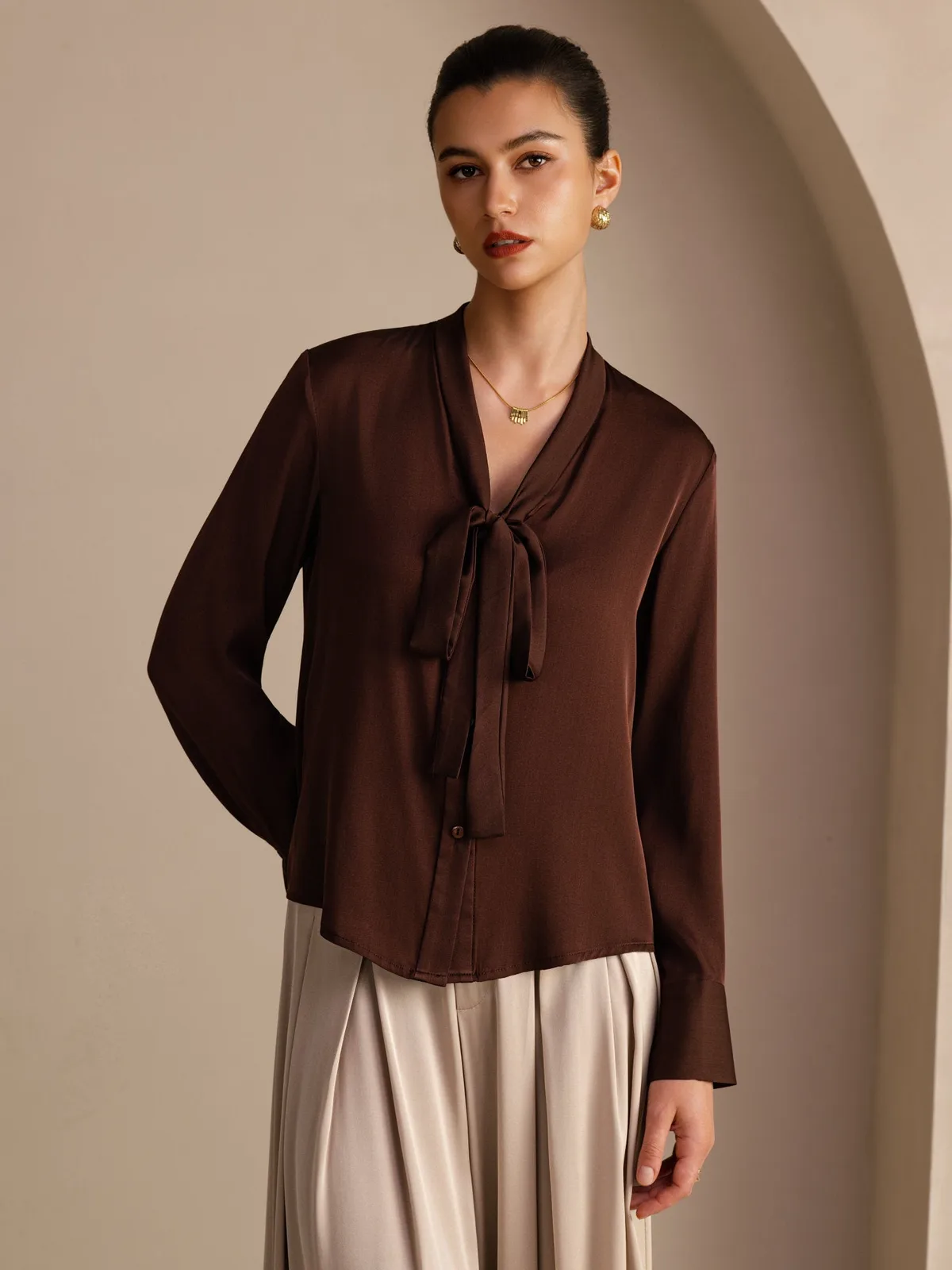 19Momme Silk Women’s Tie Neck Long Sleeve Blouse — image 3