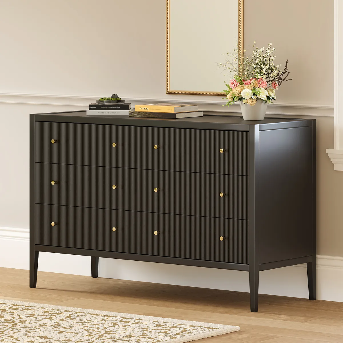Stria Black Fluted 6-Drawer Dresser & 2 Wide Nightstands Set — image 7