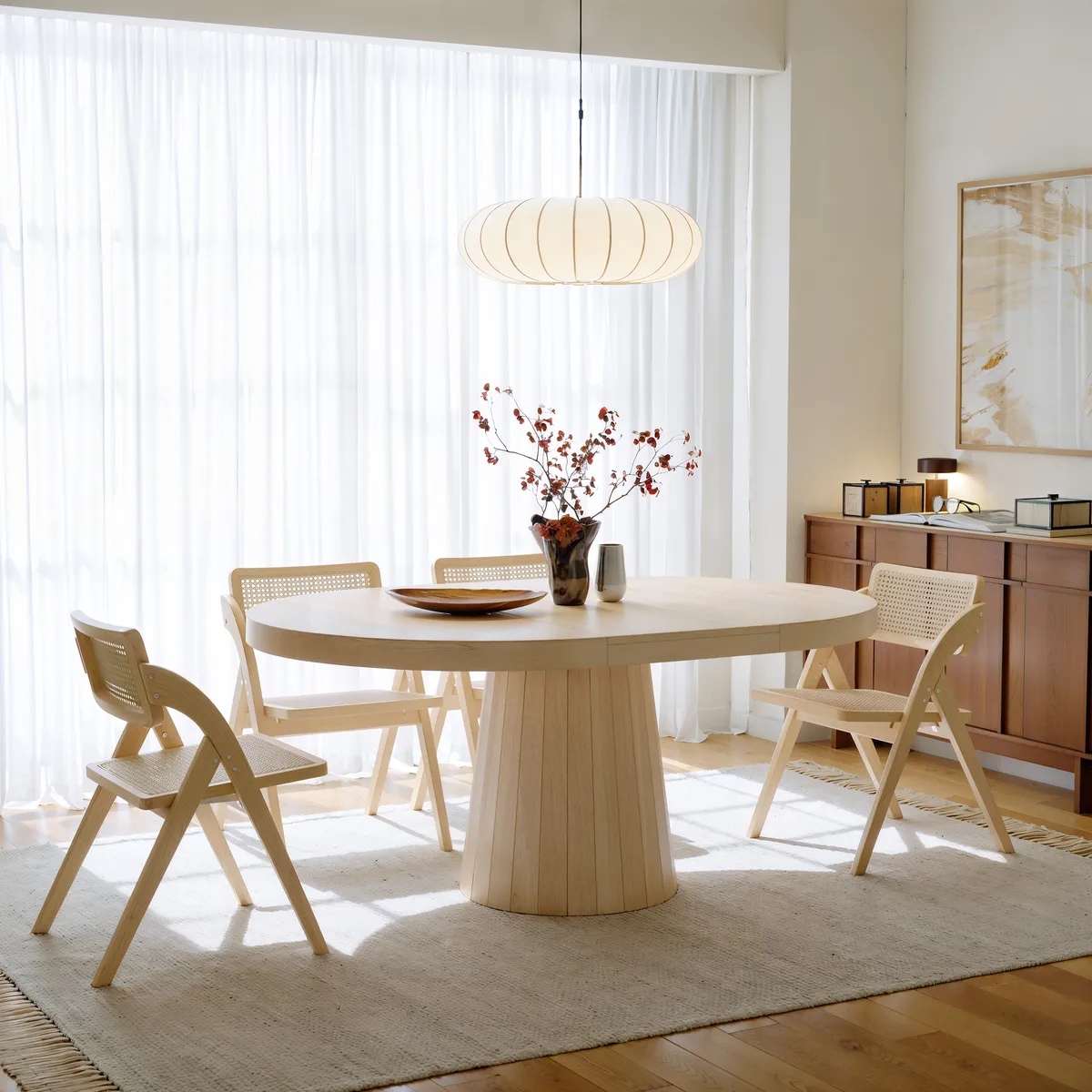 Japandi 39"-55" Extendable Dining Table for 6 White Oval&Round Table Pedestal — image 13