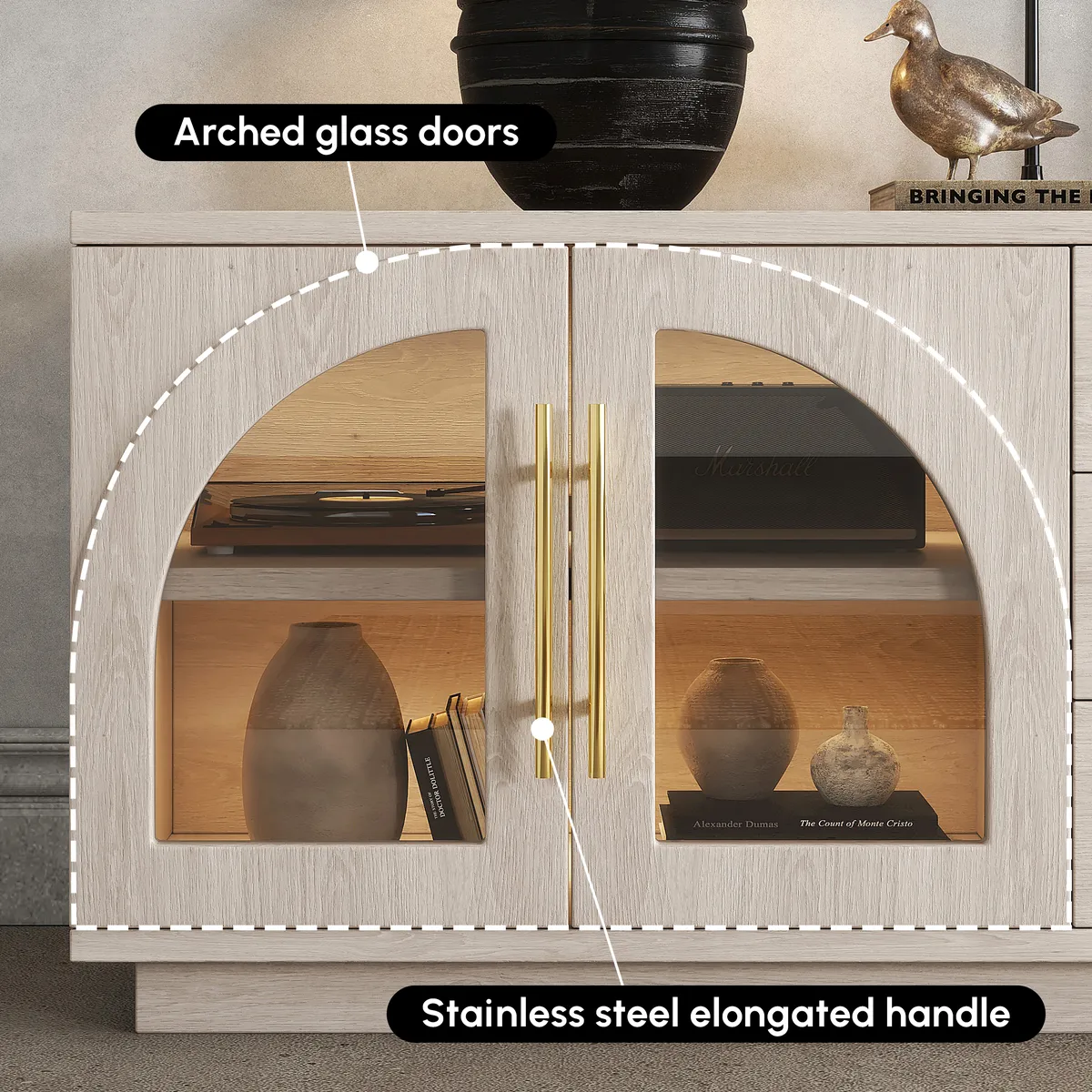 Arune 72" Japandi Whitewash TV Stand Coffee Table Set with LED Lights and Arched Glass Cabinet Doors — image 8