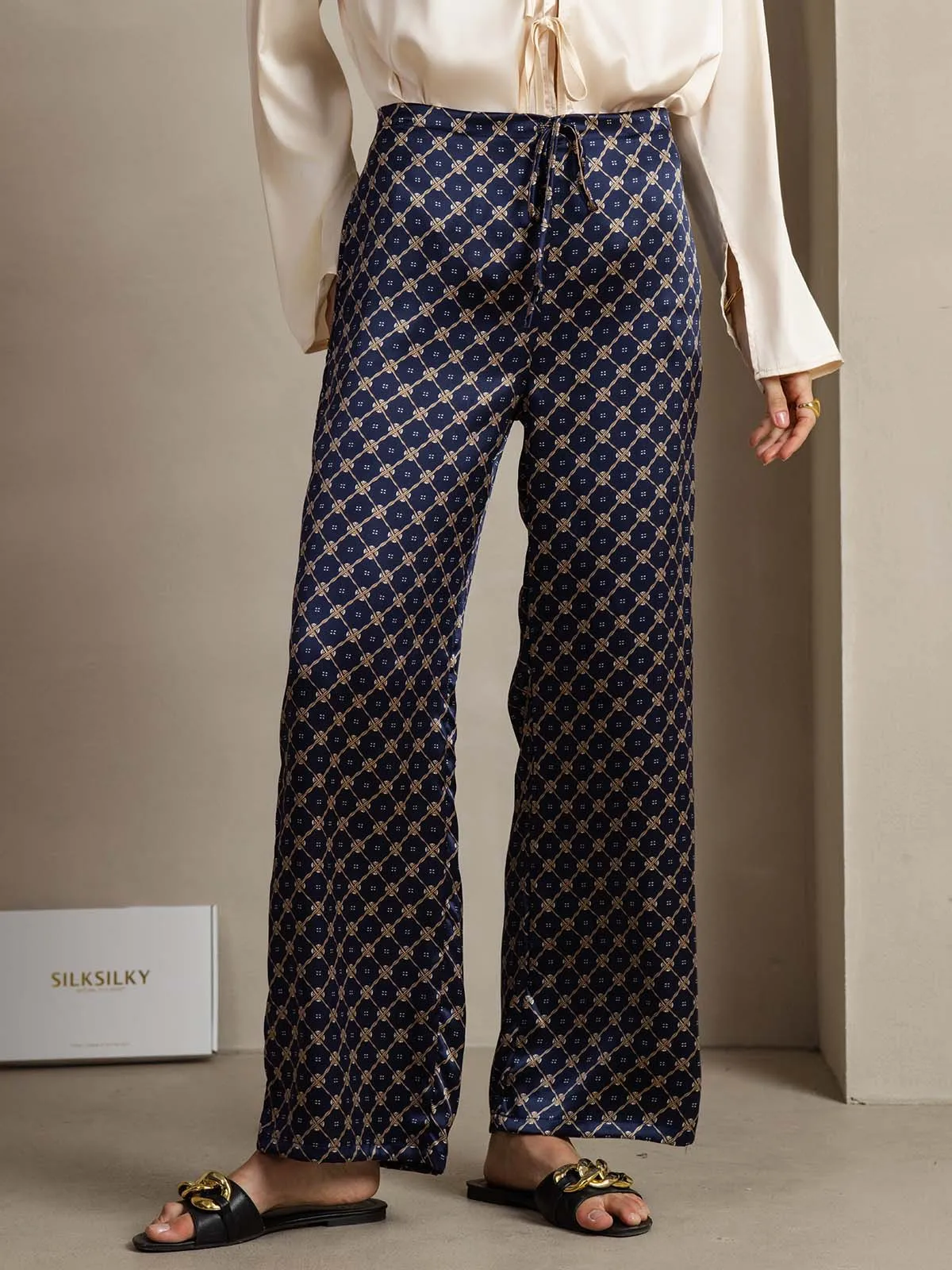 19Momme Silk Chain Print Wide Leg Women's Pants With Side Pockets Design