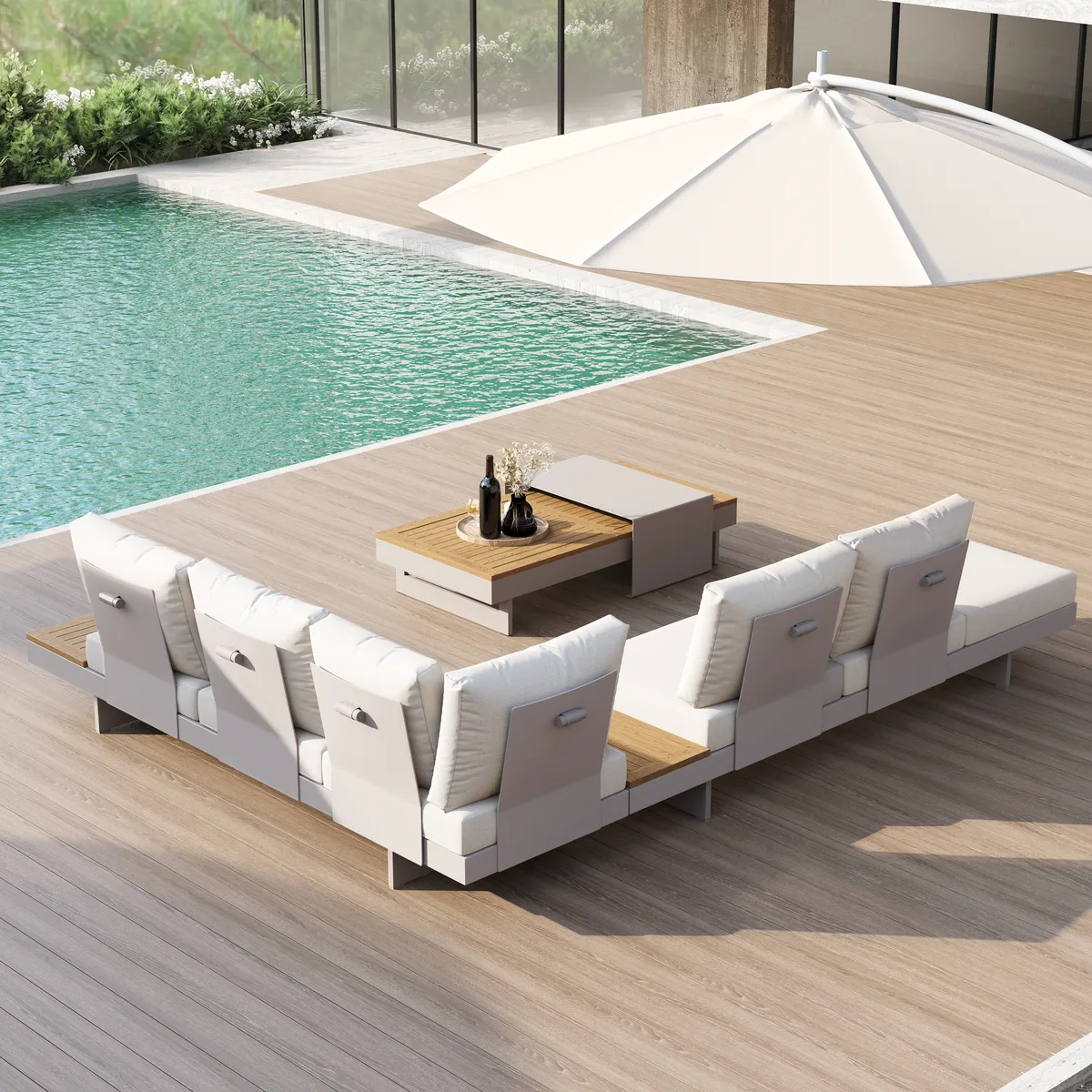Tevara 7-Piece Outdoor Teak & Aluminum Modular Sofa Set for 6 with Ivory Cover — image 25