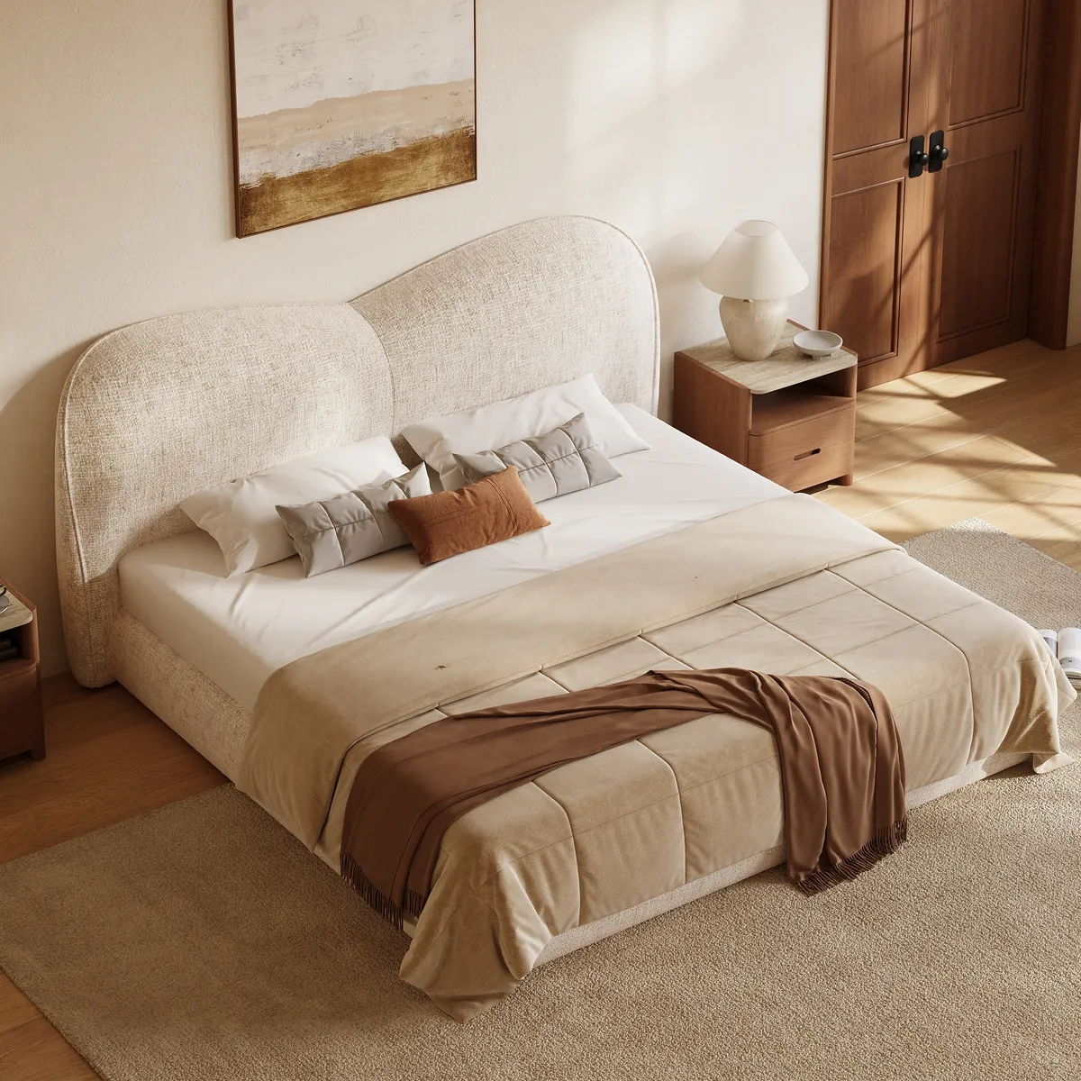 Modern King Size Chenille Upholstered Bed — image 4